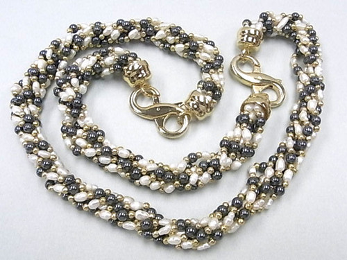 4-5mm 6-Row Freshwater Pearl Necklace 20" & Bracelet 7.5" + Hematite 18K G.P.Clasp , A Grade Lustre [p106b]