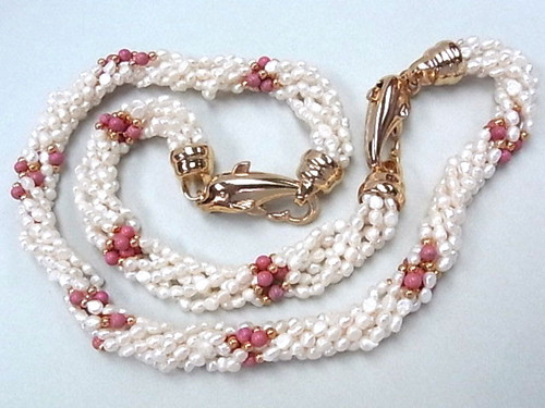 4-5mm 6-Row Freshwater Pearl Necklace 18" & Bracelet 7.5" + Natural Dyed Coral 18K G.P.Clasp , A Grade Lustre [p106e]