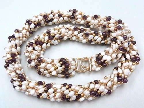 4-5mm 9-Row Freshwater Pearl Necklace 26" With Garnet Beads , A Grade Lustre [p109a]