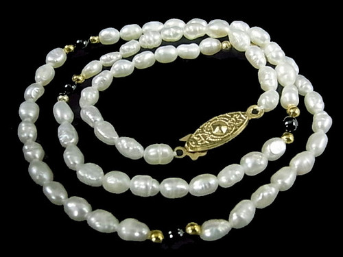 4-5mm Freshwater Pearl + Hematite Necklace 17" , A Grade Lustre [p301c]