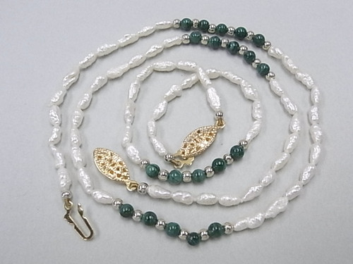 4-5mm Freshwater Pearl Necklace 17" & Bracelet 7.5" Malachite , A Grade Lustre [p301g]