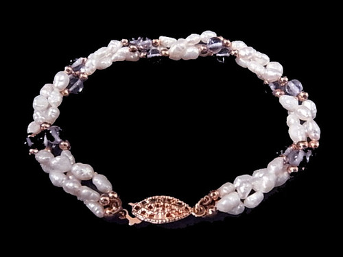 4-5mm 3-Row Freshwater Pearl + Amethyst Bracelet 7.5" , A Grade Lustre [p301z]