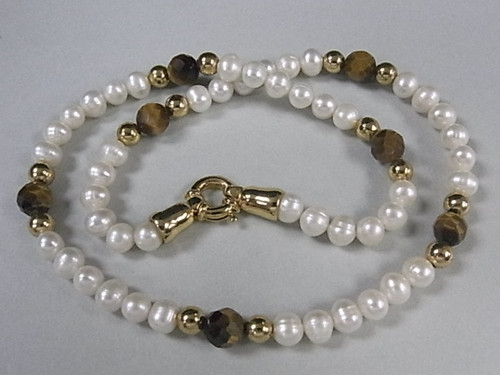 7-8mm Freshwater Pearl Necklace 18" + Tiger Eye, 18K G.P.Clasp AA Grade Lustre [p302g]