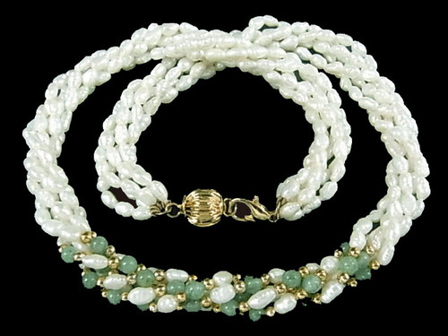 4-5mm 5-Row Freshwater Pearl Necklace 18" + Aventurine Beads , A Grade Lustre [p305f]