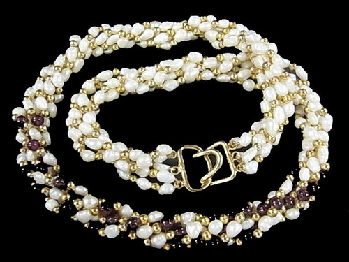 4-5mm 5-Row Freshwater Pearl Necklace 18" With Garnet Beads , A Grade Lustre [p305m]