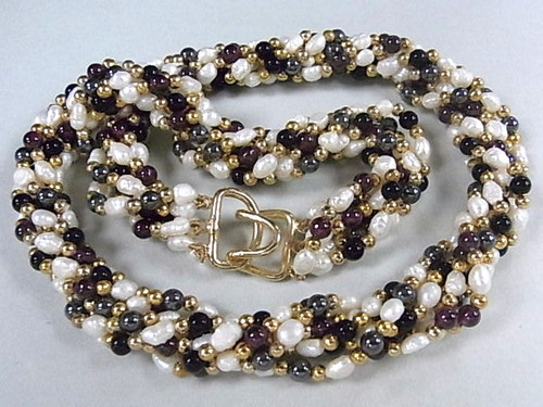 4-5mm 6-Row Freshwater Pearl Necklace 22" + Garnet, Hematite & Onyx , A Grade Lustre [p306f]