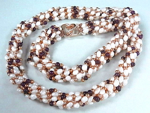 4-5mm 7-Row Freshwater Pearl Necklace 22" With Garnet Beads , A Grade Lustre [p307s]