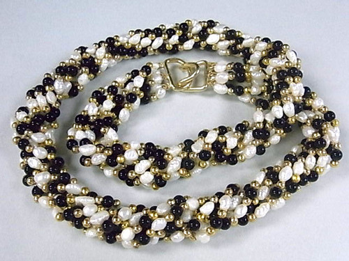4-5mm 7-Row Freshwater Pearl Necklace 22" With Onyx Beads , A Grade Lustre [p307u]