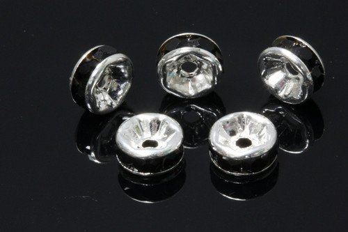 6mm Silver Plated Jet Black Crystal Rondelle Beads 10pcs. [y231f]