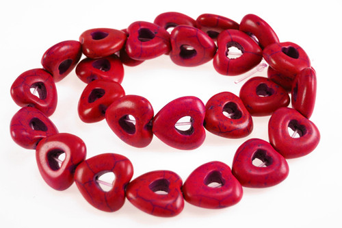 15mm Red Magnesite Hollow Heart beads 15.5" [t408r]