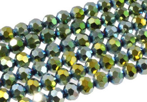 4mm Metallic Green Glass Faceted Round About 100 Bead 15" [uc6b20]