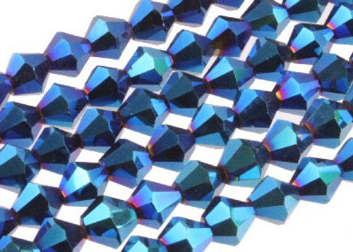 6mm Metallic Blue Glass Faceted Bicone About 50 Bead 11" [uc22b21]