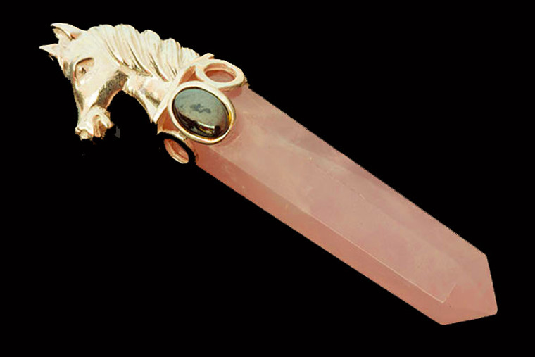 925 Sterling Silver 52mm Rose Quartz Healing Crystal Point Horse Pendant With Hematite Cabochon [y727c]