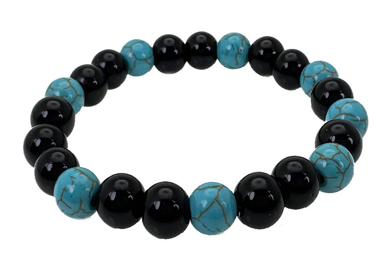 8mm Onyx + Turquoise Elastic Bracelet 7.5" dyed [b3s39]