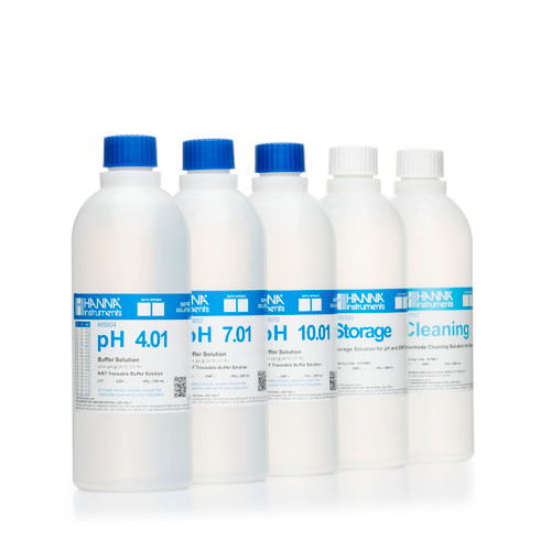pH 4.01, 7.01 and 10.01 Technical Calibration Solutions with Electrode Storage Solution and Cleaning Solution (5 x 500 mL)