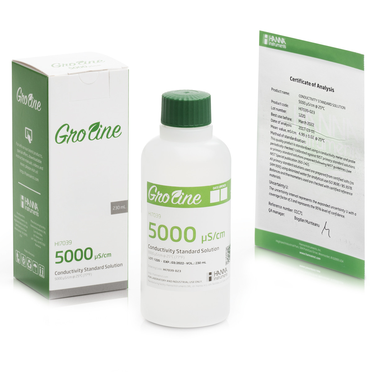 GroLine 5000 µS/cm Conductivity Standard with Certificate (230mL Bottle)