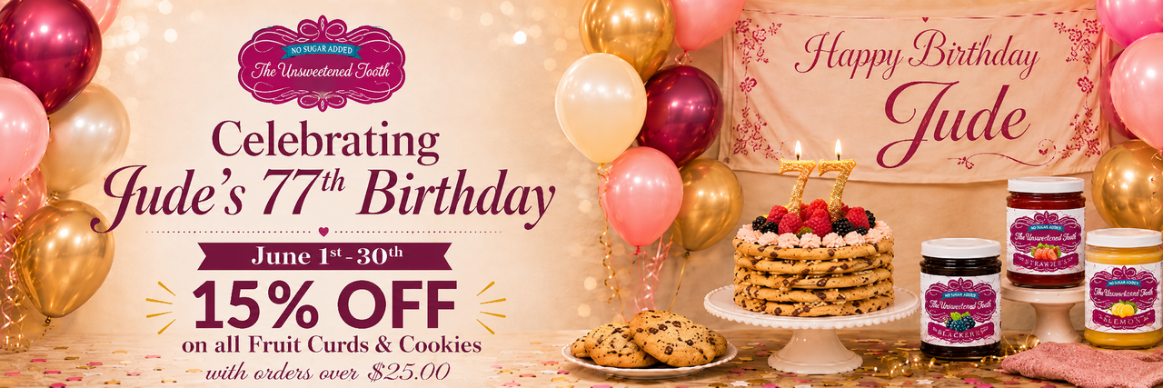 Jude birthday 15% off sale banner, fruit curds and cookies, no sugar added