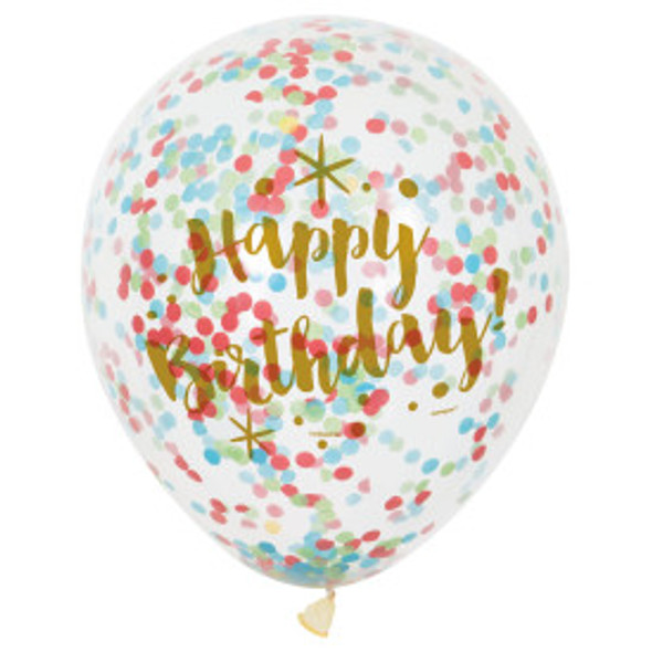 12" Glitzy Gold Birthday Clear Latex Balloons w/Confetti - 6Ct