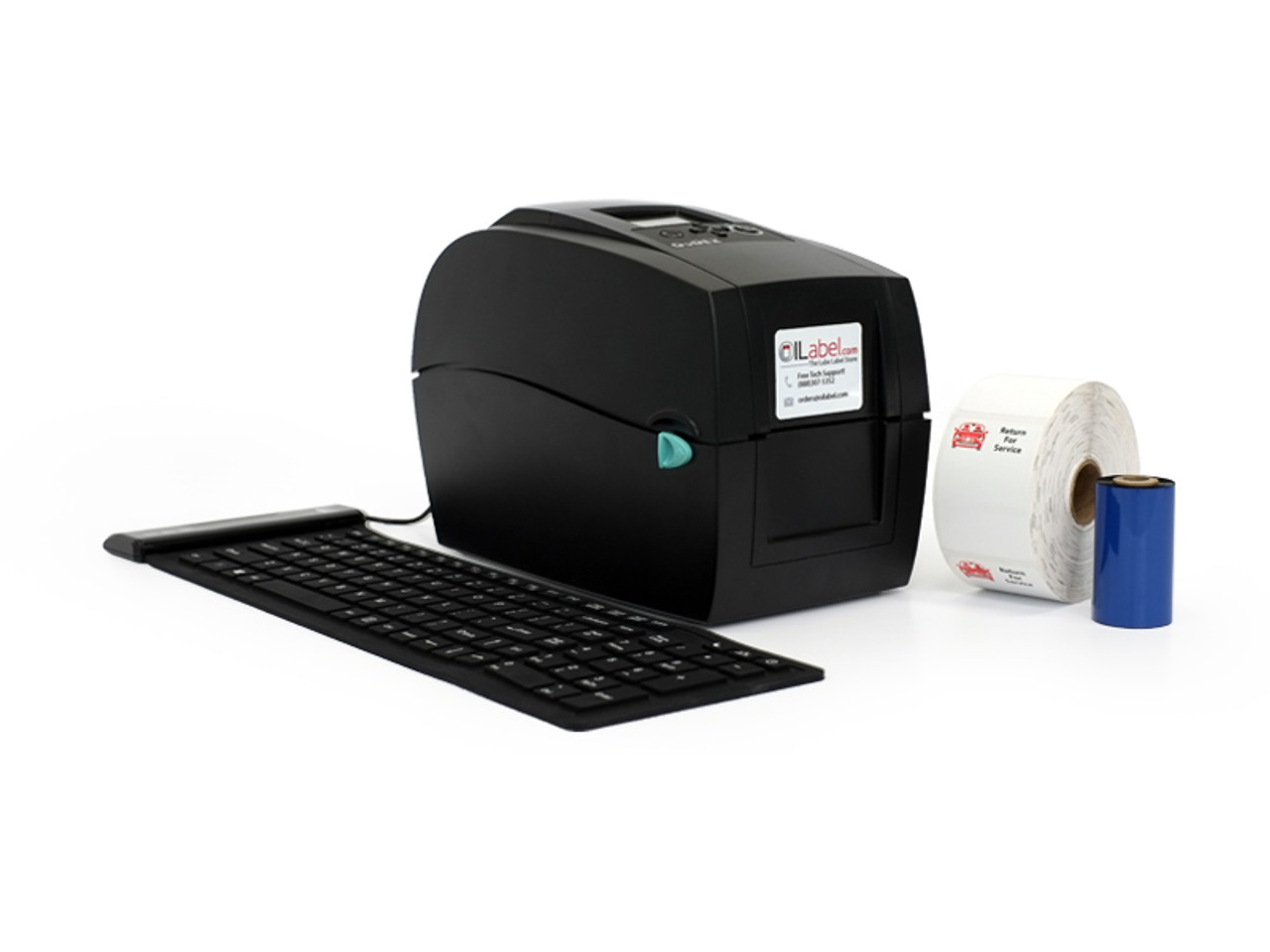 The full started kit - Godex RT200i Oil Sticker Printer. Each kit comes with a flexible keyboard, 500 oil stickers, and 1 ink ribbon! 