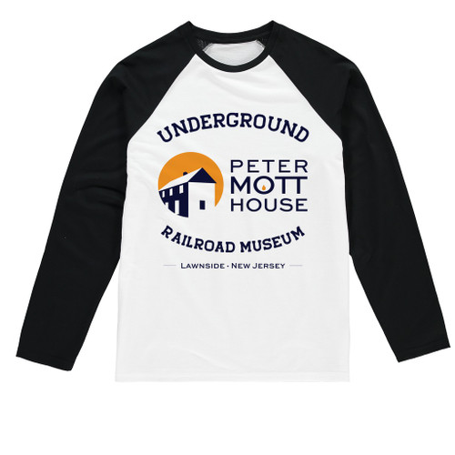 Peter Mott House Long Sleeve Baseball Unisex T-Shirt with white body and black sleeves