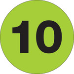 2" Circle - "10" (Fluorescent Green) Number Labels - 500/Roll