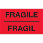 3 x 5" - "Fragil" (Fluorescent Red) Bilingual Labels - 500/Roll