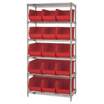 36 x 18 x 74" - 6 Shelf Wire Shelving Unit with (15) Red Bins 