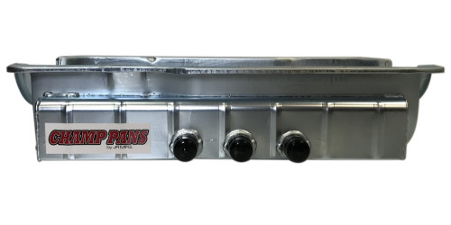 SBF 351W D/S Oil Pan w/ KO & 3 #12an Fittings, by CHAMP PANS, Man. Part # CP351WKO-3