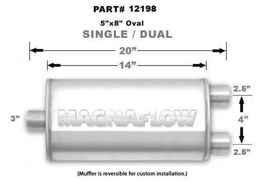Stainless Muffler 3in Inlet/Dual 2.5in Out, by MAGNAFLOW PERF EXHAUST, Man. Part # 12198