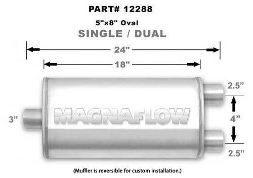 Stainless Muffler 3in Inlet/Dual 2.5in Out, by MAGNAFLOW PERF EXHAUST, Man. Part # 12288