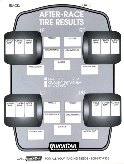 After Race Tire Set-Up Forms (50 PK), by QUICKCAR RACING PRODUCTS, Man. Part # 51-215