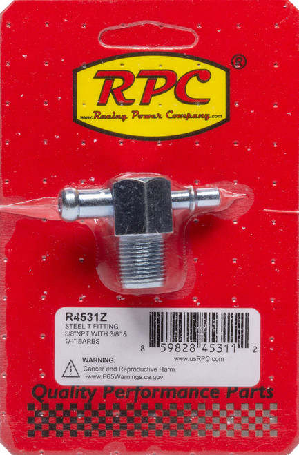 Steel T Fitting 3/8In NPT 3/8In & 1/4In Barbs, by RACING POWER CO-PACKAGED, Man. Part # R4531Z