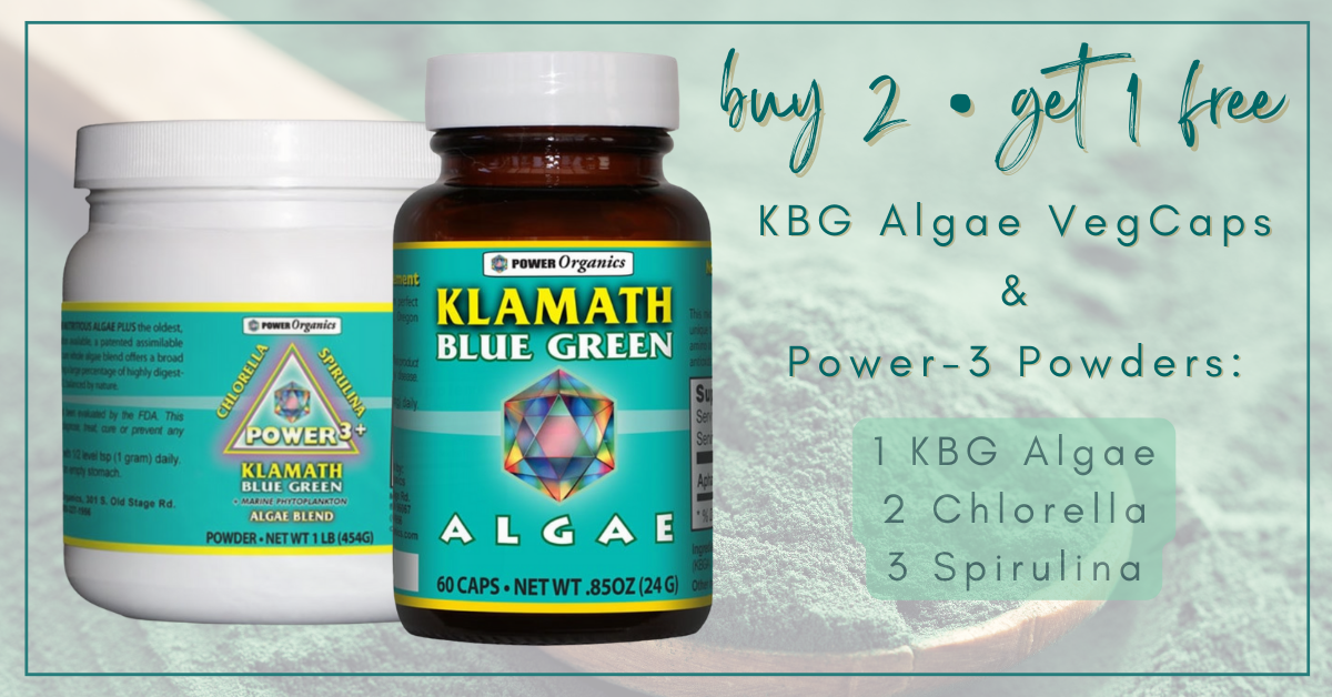 Buy 2 get 1 free, KBG algae VegCaps &amp; Power 3 Powders: 1 KBG Algae, 2 Chlorella, 3 Spirulina