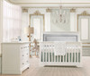 Natart Ithaca Collection 5 in 1 Convertible Crib in White with Upholstered Panel in Fog