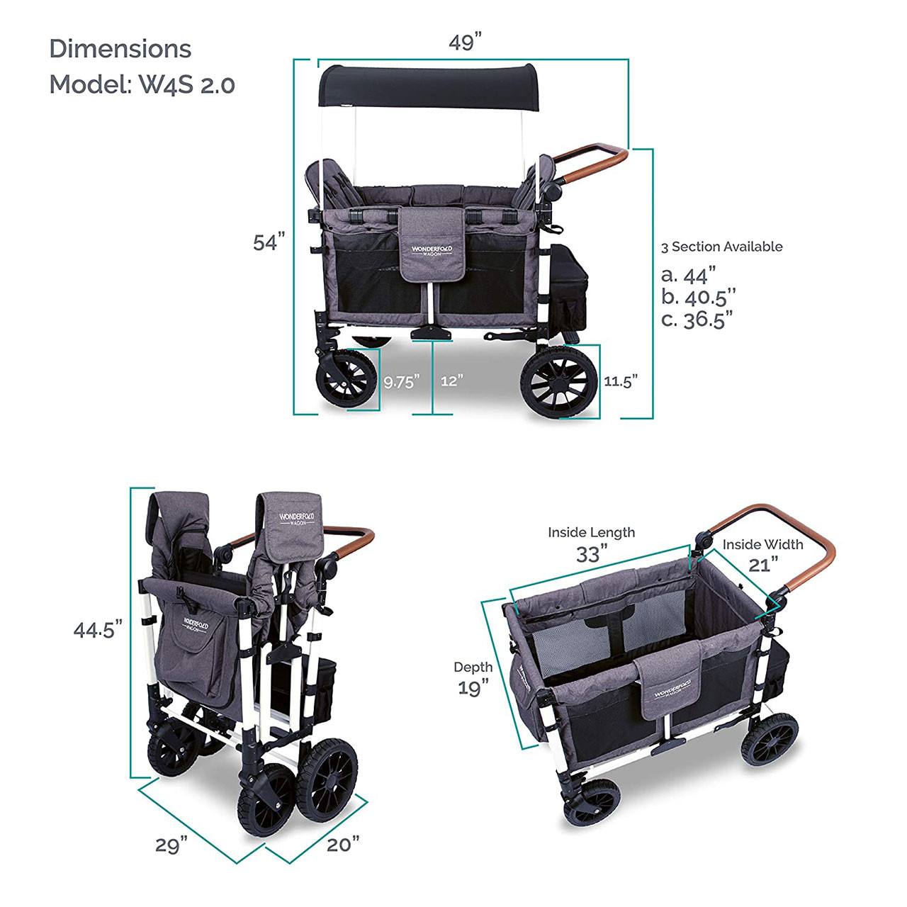 Wonderfold W4 LUXE Quad Stroller Wagon in Charcoal Gray with White