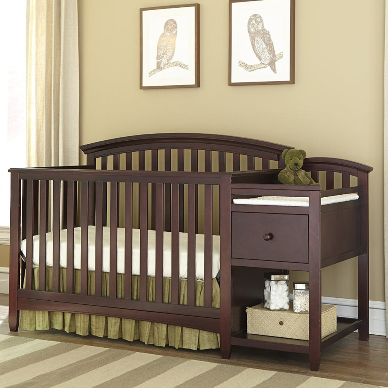 Brown crib hot sale with changing table