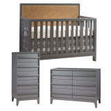 Natart Kyoto 3 Piece Nursery Set - Convertible Caramel Panel Crib, Double Dresser, & Lingerie Chest in Charcoal