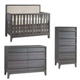 Natart Kyoto 3 Piece Nursery Set - Convertible Linen Talc Panel Crib, Double Dresser, & Lingerie Chest in Charcoal