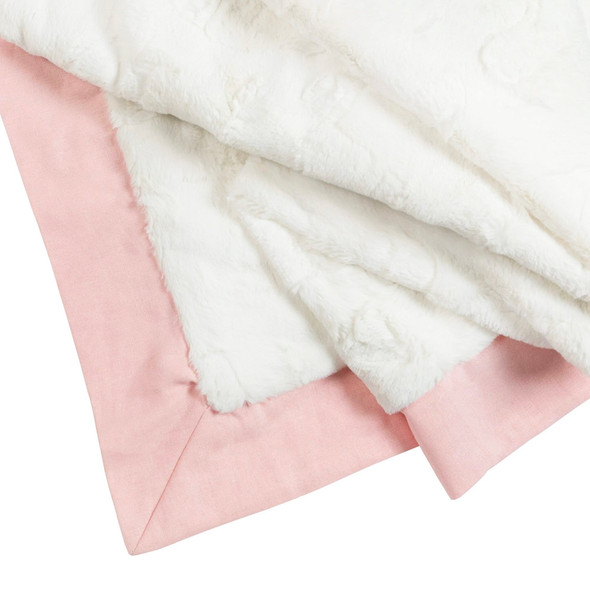 Liz and Roo Faux Fur Blanket - Cream with Petal Pink Linen Trim 36x46