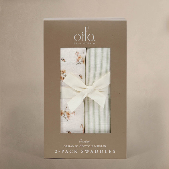Oilo Fable Blanket- Swaddle 2 Pack - Dainty Floral/Stripe Sea Moss Organic Muslin
