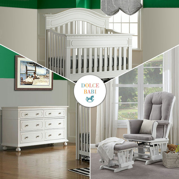 Dolce Babi 3 Piece Nursery Set - Crib, Double Dresser, and Bertini Glider in White