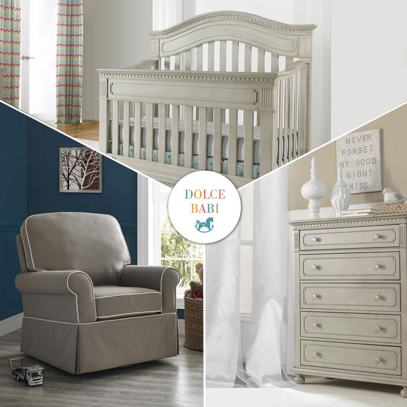 Dolce Babi 3 Piece Nursery Set - Crib, 5 Drawer Dresser, and Bertini Glider in Grey