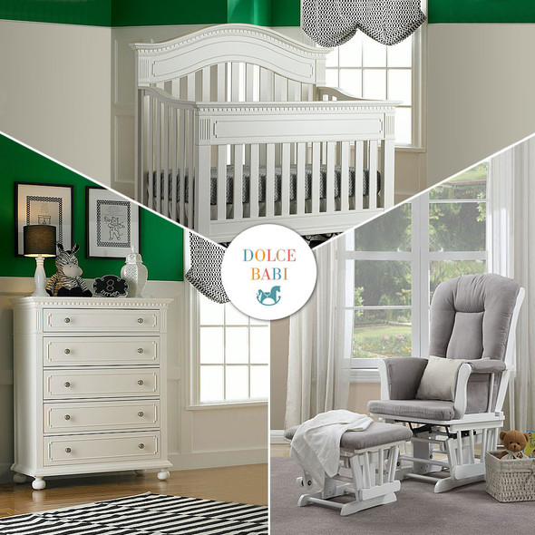 Dolce Babi 3 Piece Nursery Set - Crib, 5 Drawer Dresser, and Bertini Glider in White