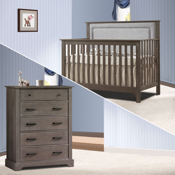 Nest Emerson Collection 2 Piece Nursery Set Crib with Fog Upl. Panel and 5 Drawer Dresser in Mink