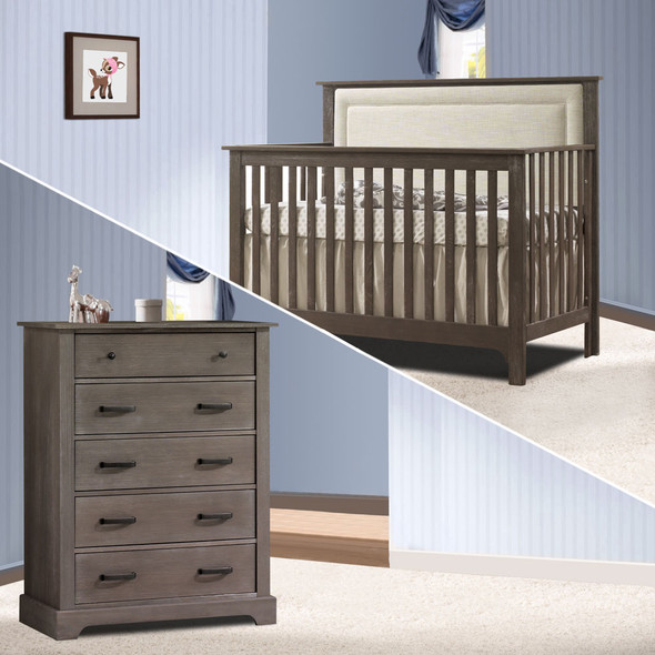Nest Emerson Collection 2 Piece Nursery Set Crib with Talc Upl. Panel and 5 Drawer Dresser in Mink