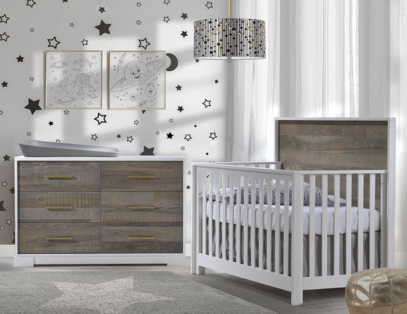 NEST Vibe Collection 2 Piece Nursery Set Crib and Double Dresser in White and Brown Bark