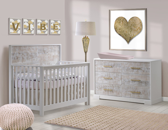 NEST Vibe Collection 2 Piece Nursery Set Crib and Double Dresser in White and White Bark