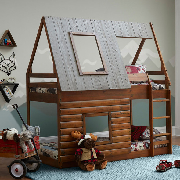 Ti Amo Rocky Mountain Log Cabin Bunk Bed Twin Bunk Bed in Brown/Grey