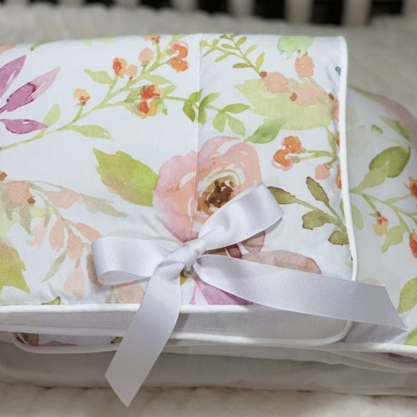 Liz and Roo Blush Watercolor Floral Rail Cover (with ribbons, white trim)