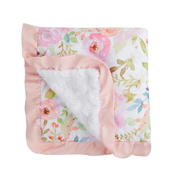 Liz and Roo Blush Watercolor Floral Minky Receiving Blanket with Petal Pink Ruffle